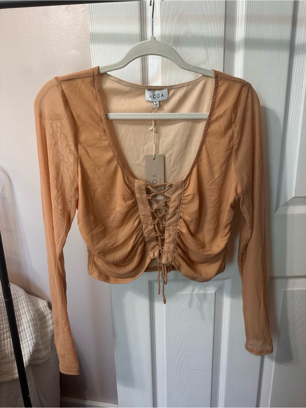 ACOA Camel Lace-Up Long Sleeve Crop Top